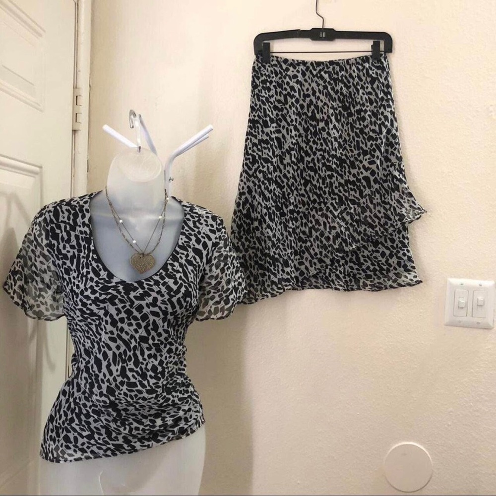 Vintage leopard top short sleeve & skirt asymmetric handkerchief hem set outfit